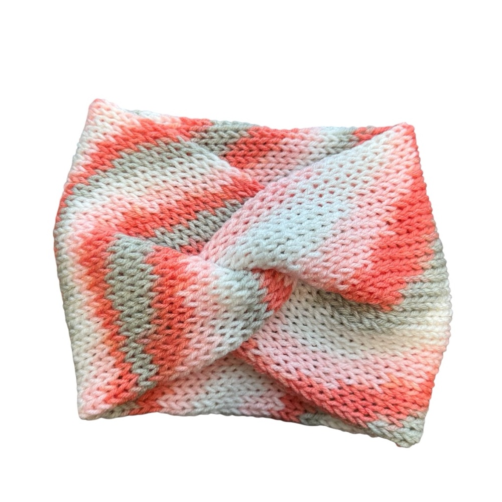 One-of-a-Kind Hand-Knitted Ear Warmer | Pastel Coral & Sage Twist Wrap